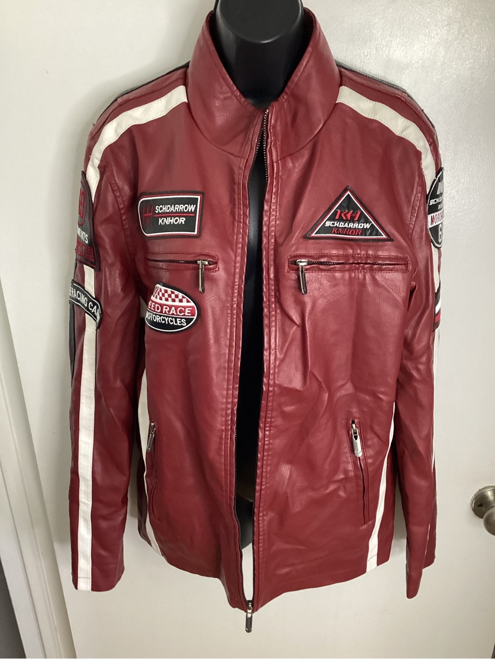 NWOT Red Faux Leather Biker Racing Jacket w/ Racing Stripes & Moto Patches S